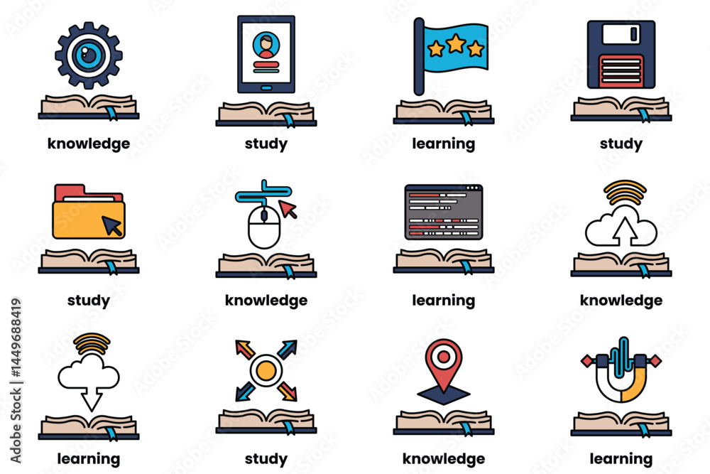 Poster set of illustrations in the concept of books and knowledge in a line style