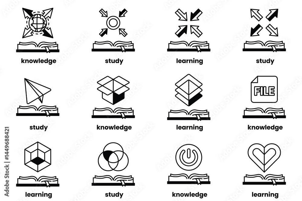 Poster set of illustrations in the concept of books and knowledge in a line style