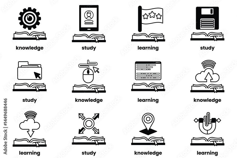 Poster set of illustrations in the concept of books and knowledge in a line style