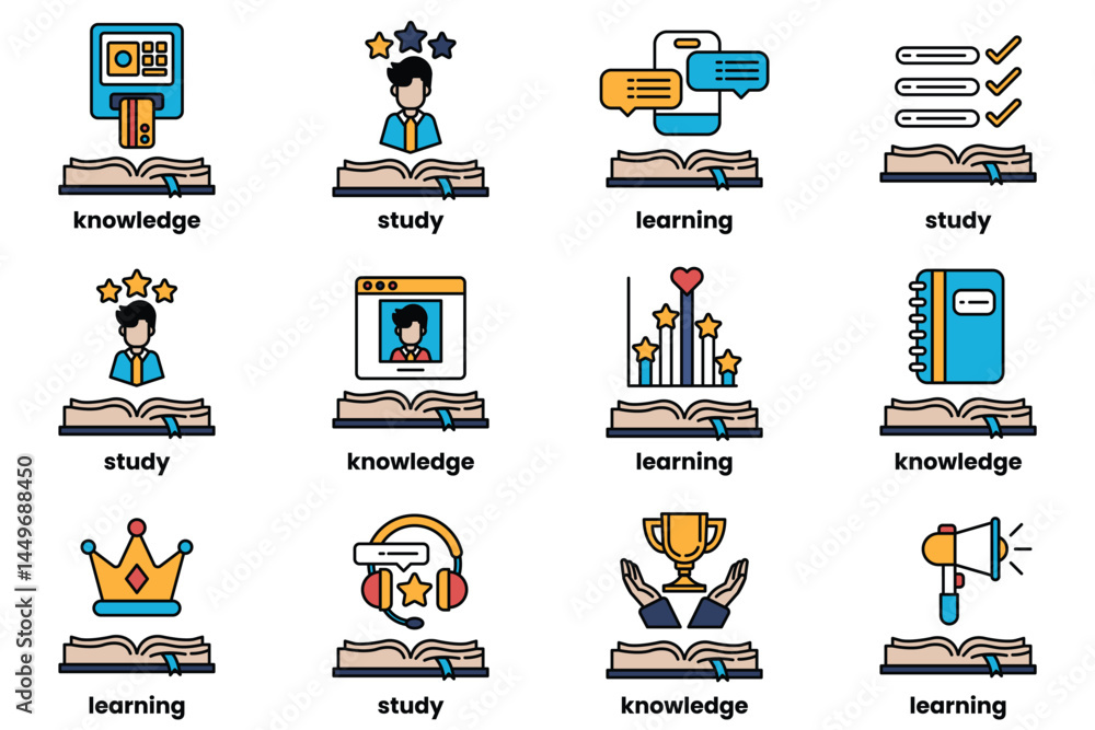 Poster set of illustrations in the concept of books and knowledge in a line style