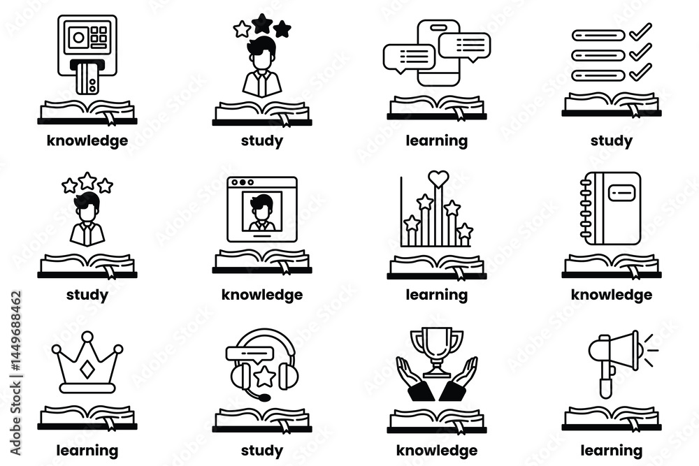 Poster set of illustrations in the concept of books and knowledge in a line style