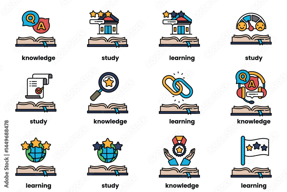 Poster set of illustrations in the concept of books and knowledge in a line style