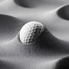 A 3D render of a modern minimalist golf ball in a textured surface. It evokes elegance, simplicity, and time's passage.
