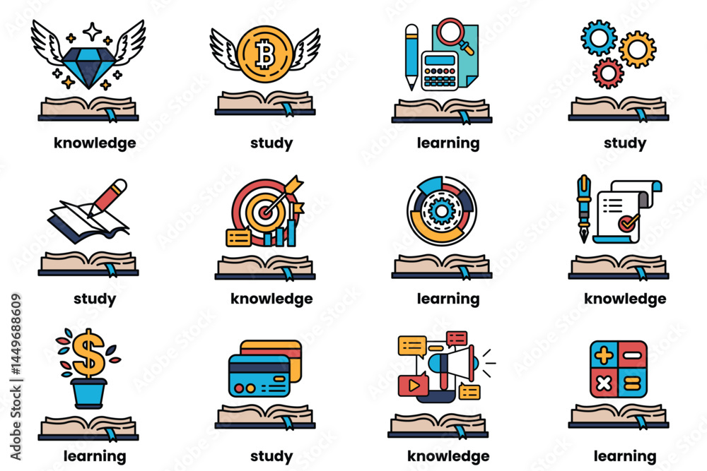 Poster set of illustrations in the concept of books and knowledge in a line style