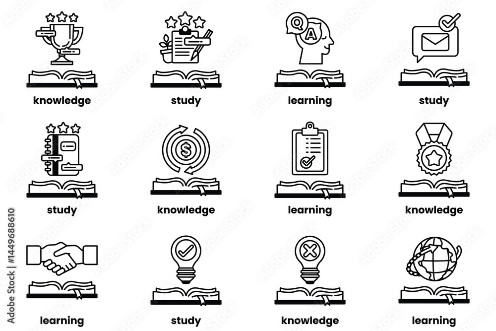 Poster set of illustrations in the concept of books and knowledge in a line style