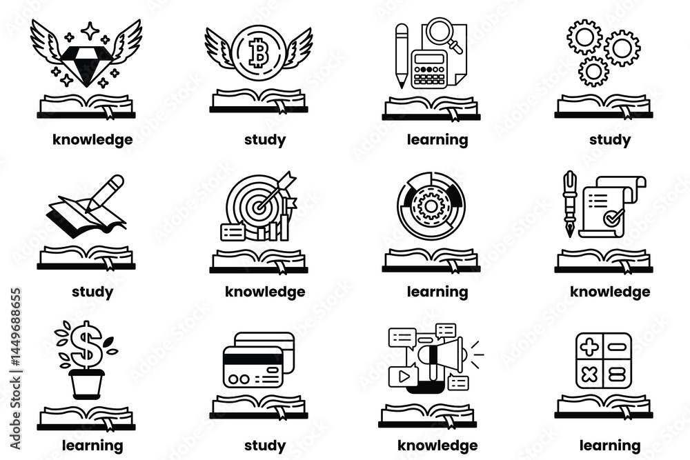 Poster set of illustrations in the concept of books and knowledge in a line style
