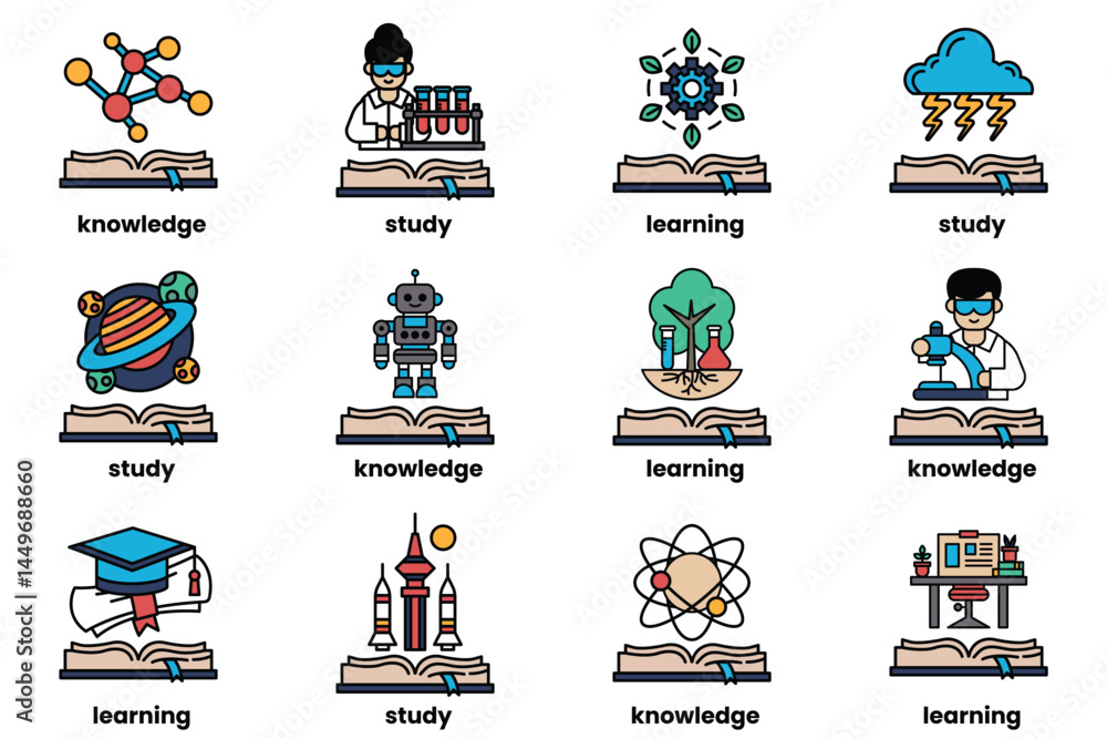 Poster set of illustrations in the concept of books and knowledge in a line style