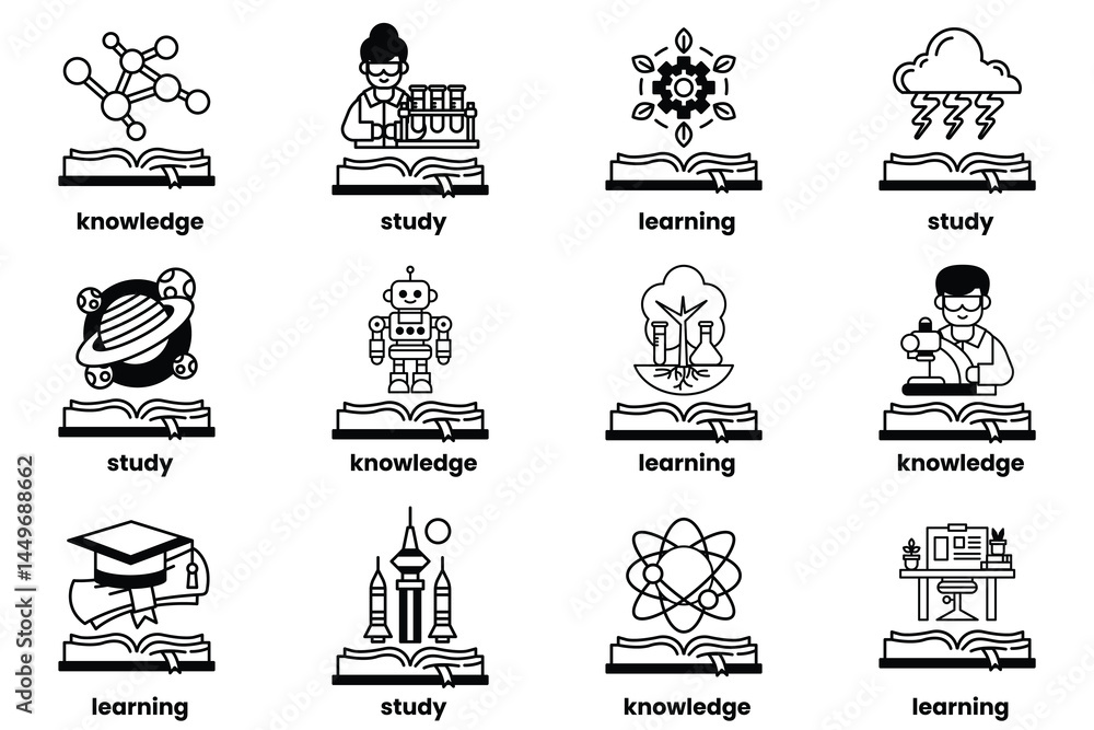 Poster set of illustrations in the concept of books and knowledge in a line style