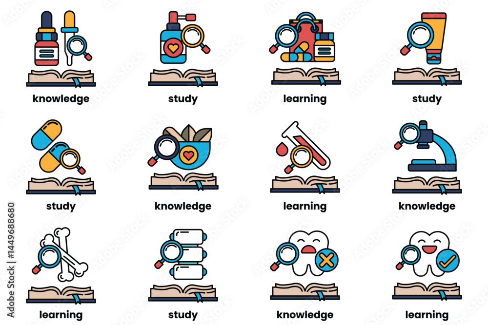Poster set of illustrations in the concept of books and knowledge in a line style