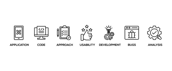 Software testing banner web icon vector illustration concept with icon of analysis, development, application, code, approach, usability, and bugs