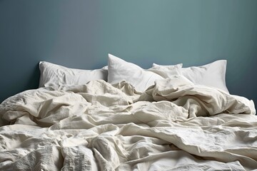 Obraz premium Unmade Bed with White Linen Sheets and Pillows against Teal Wall