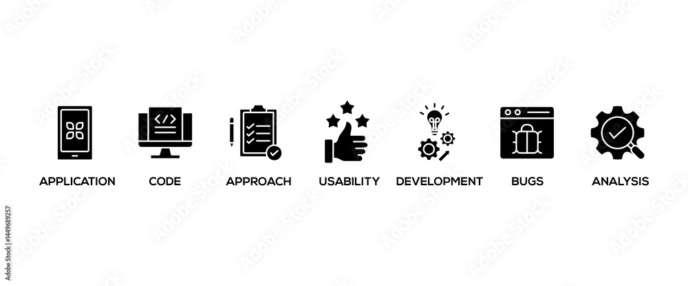 Poster software testing banner web icon vector illustration concept with icon of analysis, development, app