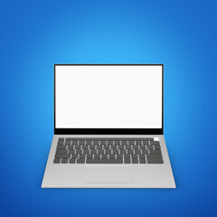 3D Modern Silver Laptop Mockup and Blank Screen Display Device Template Showing Application in Perspective Front View, Simplicity Notebook Computer Cut Out Isolate Blank Blue Background.