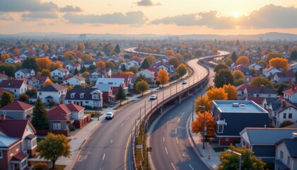 isometric bird's eye glide over a minimalist downtown scene, highway weaving between tidy houses and evenly spaced street lamps