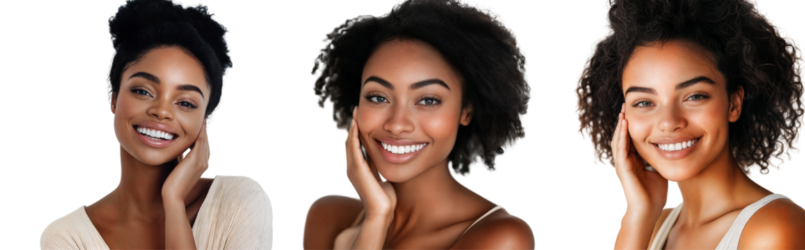 Smiling young African women with natural curly hair touching face isolated on transparent background