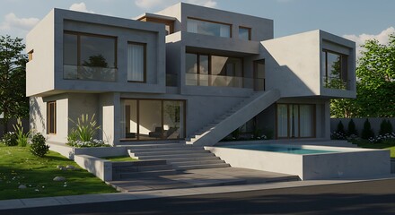 A modern, geometric house with a unique design features a pool and multiple levels, surrounded by green grass and trees.