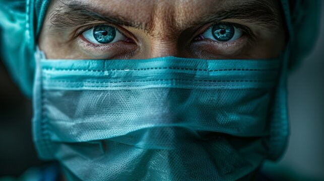 Focused face of a middle aged caucasian surgeon with blue eyes wearing mask and surgical cap. Portrait of a doctor working at procedure in modern surgery room