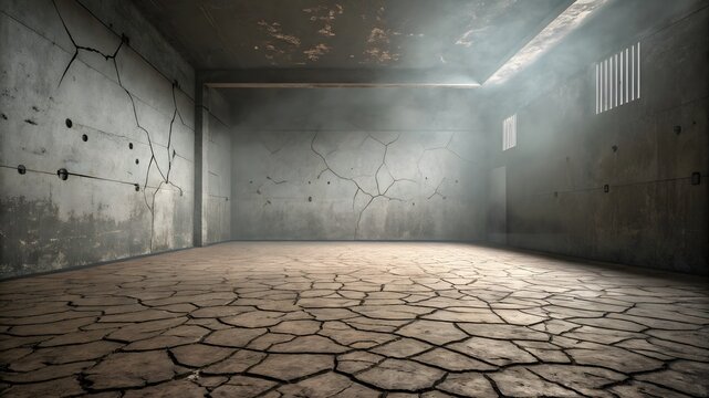 A room with a textured, cracked concrete floor and a weathered, gray concrete wall