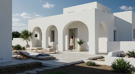 A woman in a white dress stands at the entrance of a beautiful white Mediterranean villa with arched doorways and sun loungers.