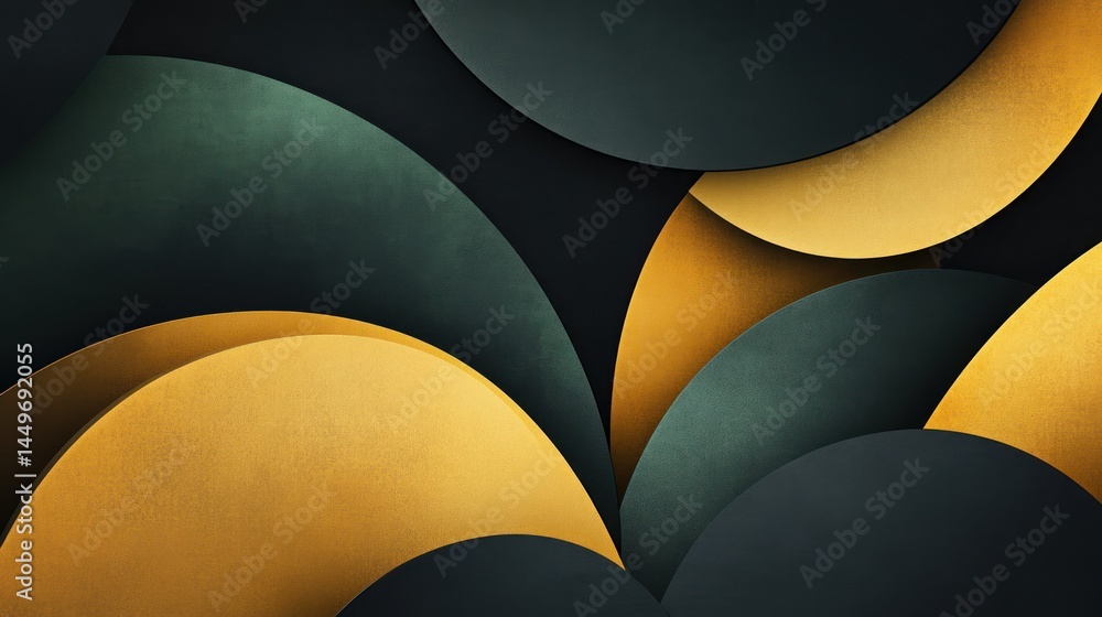 Poster abstract layered design with golden and green shapes on black backdrop, modern pattern, for graphic 