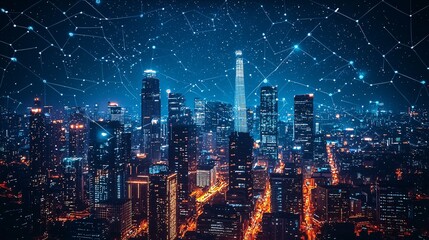 Fototapeta premium Future city night view connection network