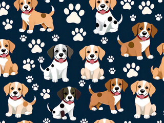 Obraz premium A charming pattern featuring happy cartoon dogs and paw prints on a dark blue background design.