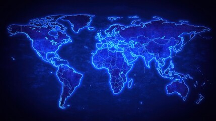 Glowing blue world map with country borders.