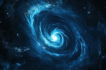 Glowing blue spiral galaxy in deep space.