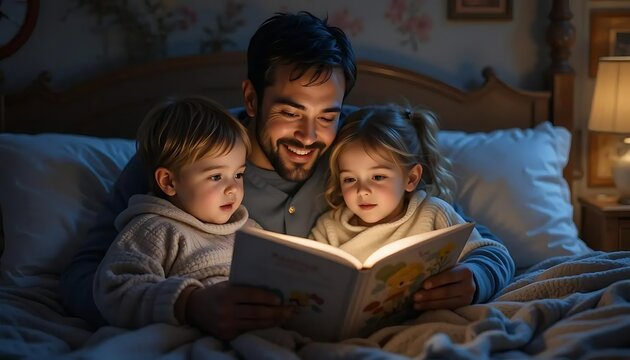Bedtime Story with Dad – Cartoon Family Scene	A warm cartoon illustration of a father reading a bedtime story to his son and daughter, highlighting nightly family bonding moments