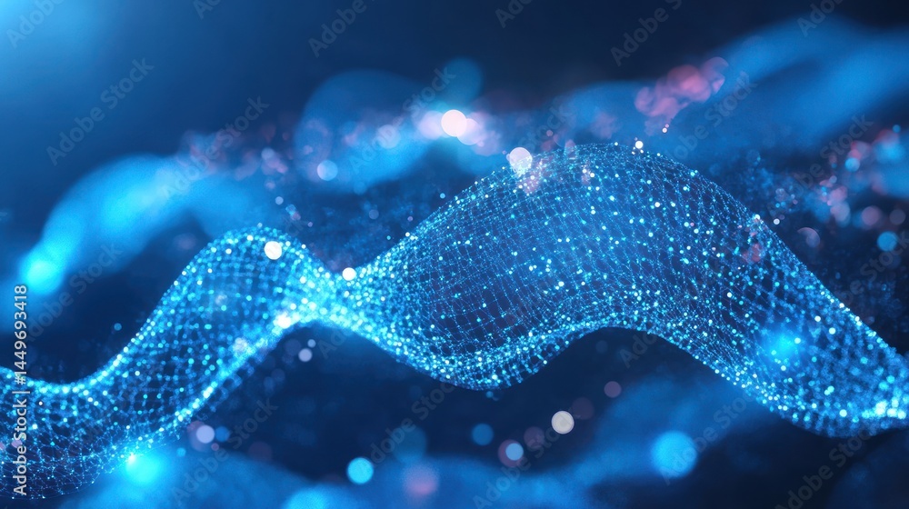 Poster digital data abstract wave design with glowing particles representing network connection on blue bac