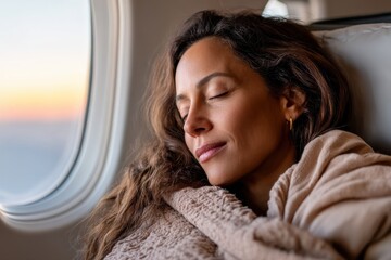 A relaxed woman enjoys a peaceful moment on an airplane, capturing the essence of travel comfort and serenity as she rests against the window during her journey.