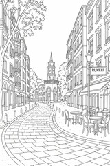 Coloring Page of a Charming Street with Cafe and Historic Tower  