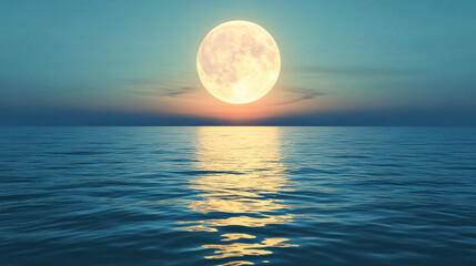 Full moon glowing over calm ocean with golden reflection at dusk, symbolizing peace and cosmic wonder. 