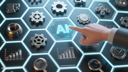 In the picture, a hand is pointing at a hexagonal matrix with the words "AI" and a glowing data stream with realistic texture.