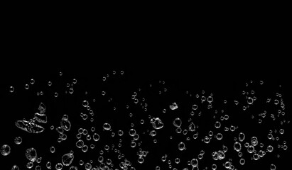 Underwater bubbles, Underwater oxygen design concept, Small water drops underwater, On black background, Close-up photography.