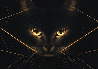Glowing eyes of a black cat in the dark.