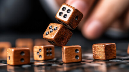 Wooden dice being rolled on reflective surface, showing numbers and creating sense of chance and strategy. close up view highlights texture and detail of dice