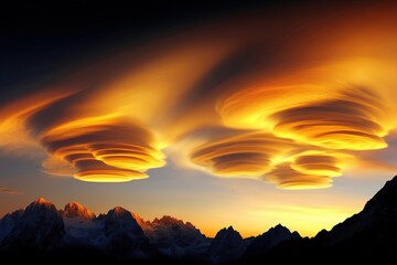 Fototapeta premium Lenticular clouds over mountain peaks at sunset. rare atmospheric formation