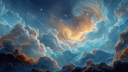 Obraz premium A swirling, dreamy sky filled with illuminated clouds and sparkling stars, evoking a sense of wonder and fantasy.