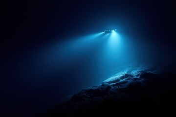 Deep sea exploration with blue lights illuminating ocean floor in science, tech or nature visuals