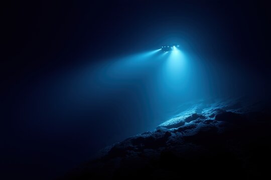 Deep sea exploration with blue lights illuminating ocean floor in science, tech or nature visuals
