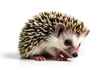 Fototapeta premium A tiny hedgehog, curled in a ball, isolated on pure white background , macro, nature