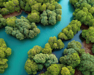 Naklejka premium A winding turquoise river flows through lush green mangrove forests, creating a vibrant and tranquil natural landscape.