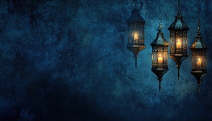 Glowing lanterns hanging against a dark blue textured background.