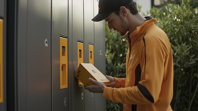 Man in an orange jacket is opening a locker with a yellow box inside