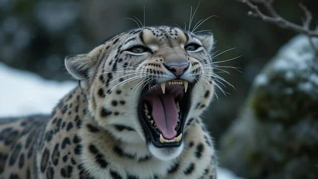 Closeup snow leopard open mouth in snowy environment wildlife photography mammal portrait predator in natural habitat winter scene nature conservation animal portraiture