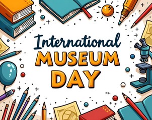 Colorful International Museum Day Illustration with Books, Microscope, and Educational Tools
