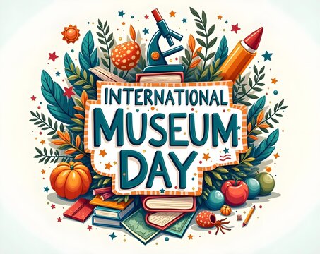 Autumnal Tribute to International Museum Day: Books, Microscope, and Whimsical Elements - Powered by Adobe
