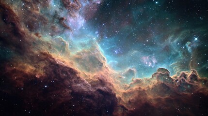 Obraz premium Cosmic clouds of gas and dust swirl in a breathtaking display of color and texture. Shades of orange, teal, and purple create a vibrant, otherworldly scene.