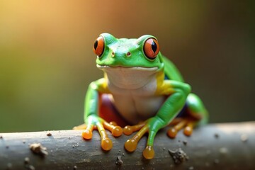 Fototapeta premium Green tree frog perched on white, vibrant skin, closeup, macro, macro photography